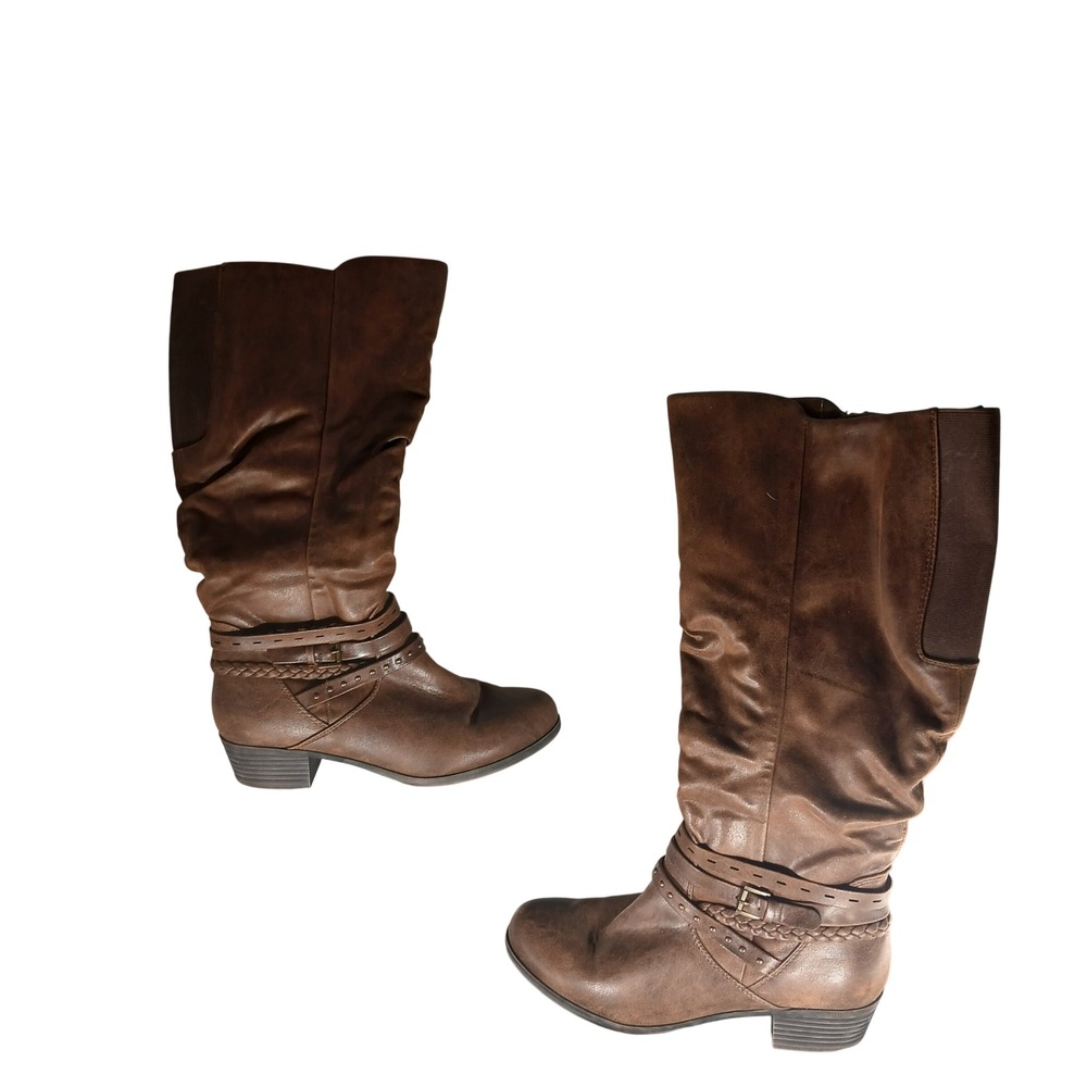 Yum Ninah Brown Faux Leather Tall Slouch Boots Studded Braided 8W Wide Calf WC